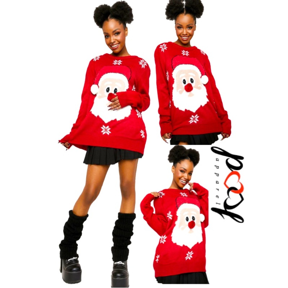 POOF NEW YORK Christmas Santa Face Sweater With Snowflakes Women’s Size Small